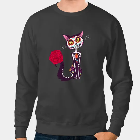 black cats Paws Skeletons Skulls Floral Cat Sugar Skull Calavera Dia De Los Muertos Flower 3 Sweatshirts