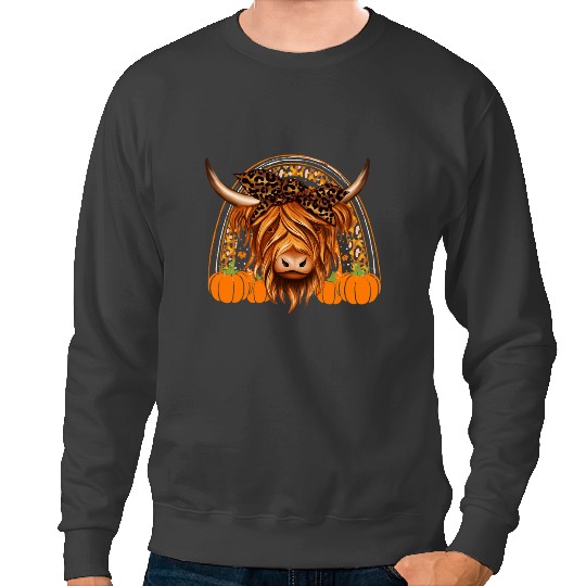 Cattle Cow Fall Highland Cow Pumpkins Cow Thanks Giving Autumn Rainbow 520 Sweatshirts