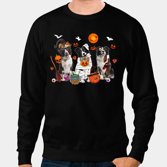 Dog Border Collie Three Border Collie Dogs Witch Scary Mummy Halloween Zombie Sweatshirts