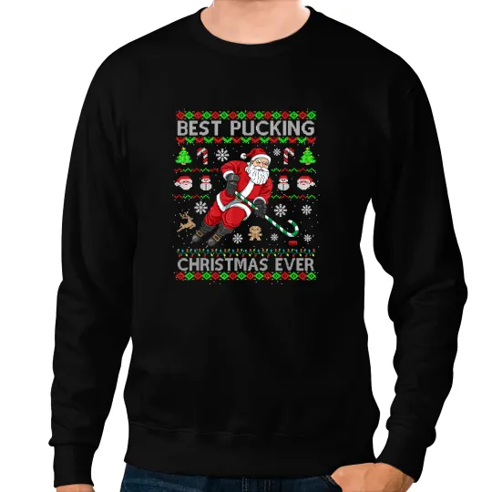 Hockey Gift bests Pucking Christmas Ever Ice Hockey Santa Ugly Sweater Sweatshirts