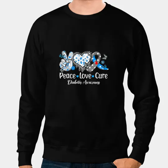 Diabetic Disease Groovy Peace Love Cure Grey Blue Ribbon Sweatshirts