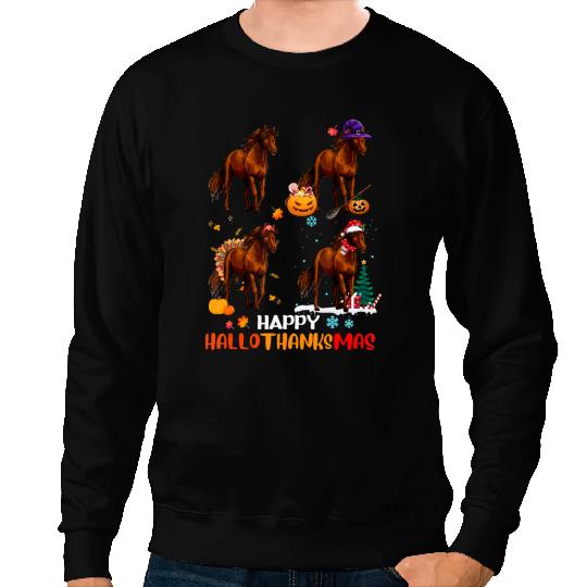 Funny Horse Equestrian Christmas Happy Hallothanksmas Halloween And Merry Christmas Horse Riding Sweatshirts