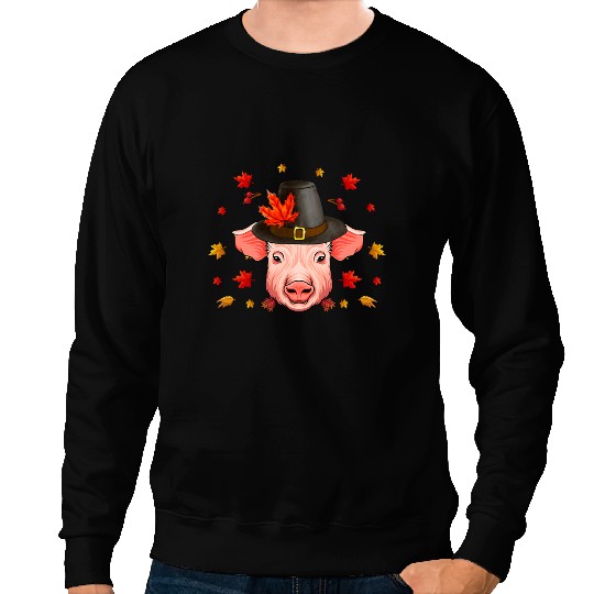 Pig Cute Pilgrim Pig Face Maple Leaf Fall Vibes Thanksgiving Day 530 Piggy Sweatshirts