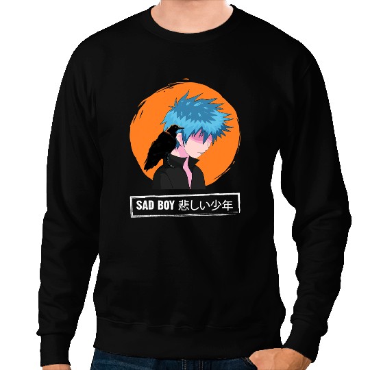 Sad Anime Boy Japanese Aesthetic Kanji Raven Black Crow Sweatshirts