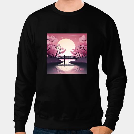 Sakura Serenity Riverside Moonlit Bridge Sweatshirts