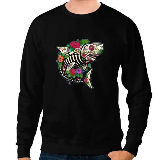 Ocean Shark Skull Shark Sugar Skull Calavera Mexico Dia De Los Muertos Sweatshirts