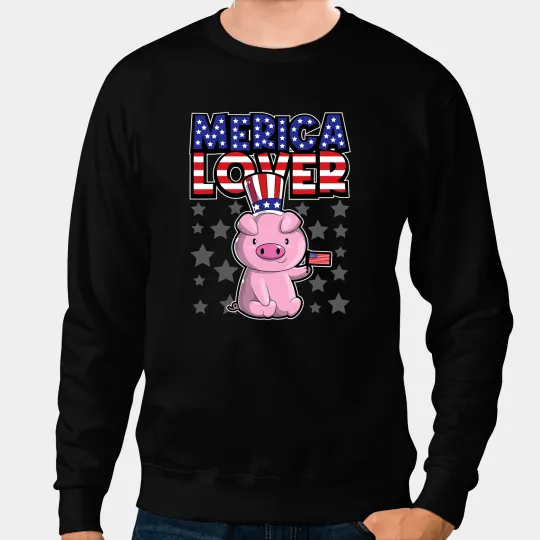 Pig Lover Merica Lover Happy Fourth Of July Piglet USA Flag Sweatshirts