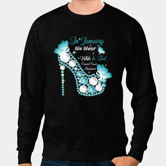 We Wear White and Teal Butterflies High Heel Cervical Cancer Sweatshirts
