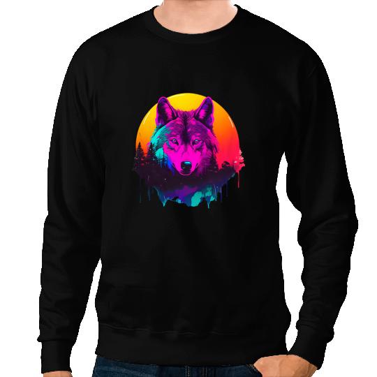 wolfs Lover Synthwave Sunset wolfs Design Edm Rave Sweatshirts