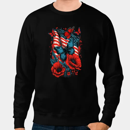 Memorial Day Red Poppy Flower Butterfly USA Flag 4th of July Sweatshirts