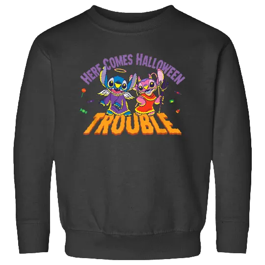 Disneyss Stitch Angel Here Comes Halloween Trouble Sweatshirts