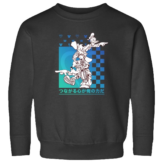 Disney Kingdom Hearts Sora Donald Goofy Kanji Checkerboard Pullover Sweatshirts