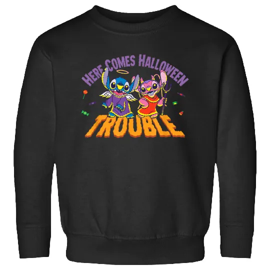 Disneyss Stitch Angel Here Comes Halloween Trouble Sweatshirts