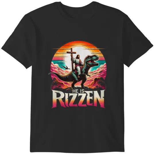 Discover He Is Rizzen Jesus Has Rizzen Retro Christian Dinosaur  gifts T-Shirts
