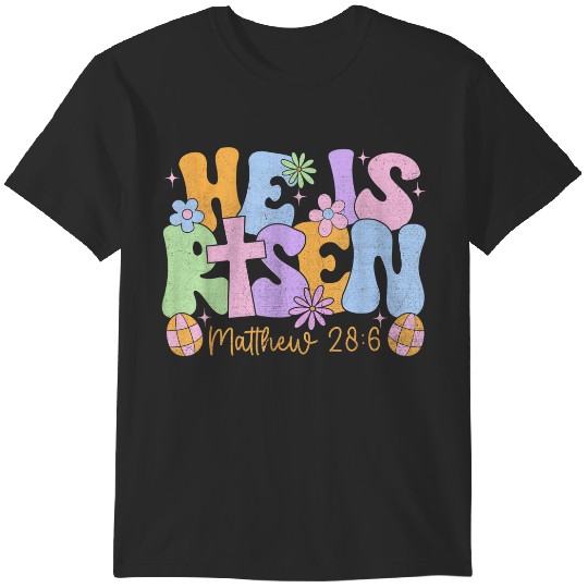 Discover He Is Risen Cross Jesus Easter Christian Religious Groovy Gifts Trend T-Shirts