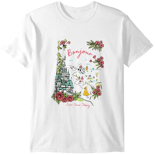 Disney Castle Belle Princess Bonjour Rose , Beauty and the Beast Floral Tee, Magic Kingdom Disneyland Family Holiday 2024 Trip T-Shirts