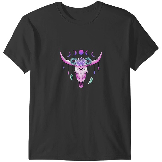 Cattle Cow Skull Crystals Moon Phases Flowers Celestial Mystical T-Shirts