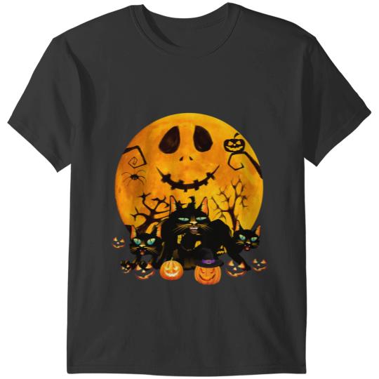 black cats Paws Halloween Black ghosts Cat Halloween Pumpkin Moon Night T-Shirts
