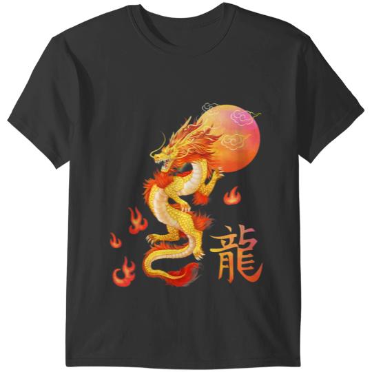 Dragon Animals Dragons Asian And Sun Oriental Chinese Art Orange Design T-Shirts