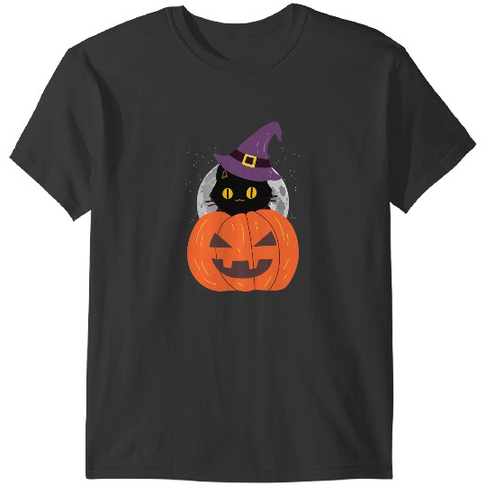 black cats Paws Witch Cat Hat Hide on Pumpkin Scary Halloween Moon T-Shirts