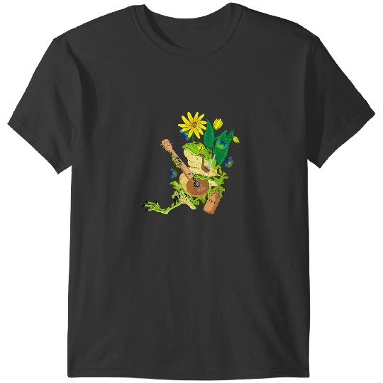 Frog Gift Cottagecore Aesthetic Kawaii Frog Playing Banjo Toad Flower T-Shirts