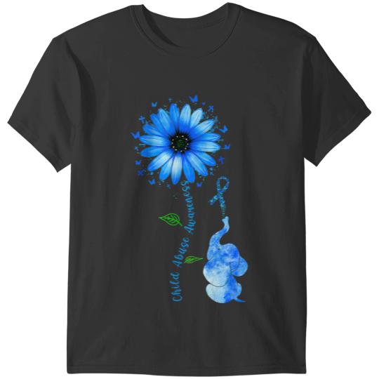Elephants Lover CHILD ABUSE Awareness Sunflower Light Blue Ribbon Elephant T-Shirts