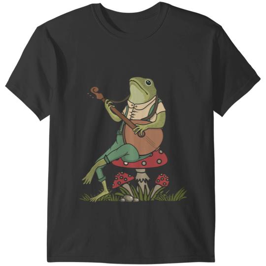 Frog Gift Green Frog Toad Animal Sitting on Mushrooms Playing Music T-Shirts