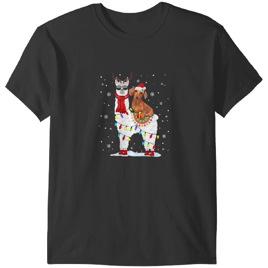 Llama Lover Santa Dachshund Riding Llama Reindeer Christmas Lights T-Shirts