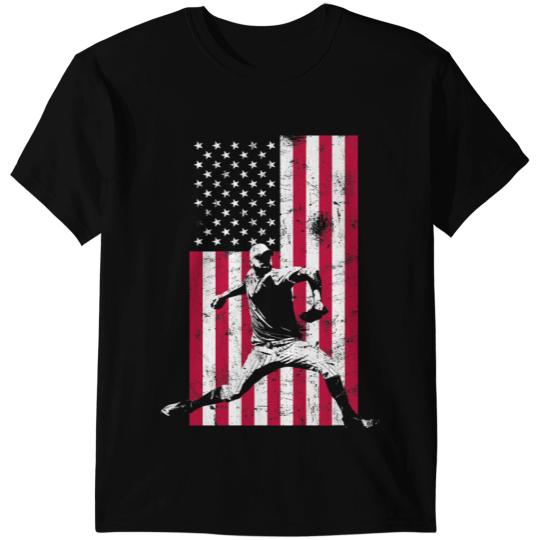 Baseball Gift American Flag Pitcher Baseball US Red White Blue 4th of July T-Shirts
