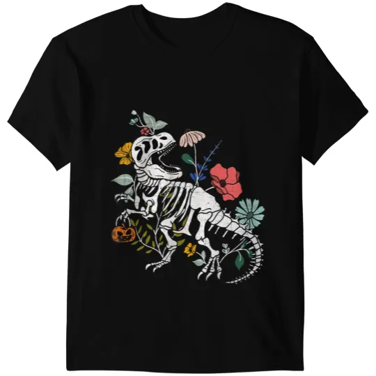 Dinosaur Dino Dino Skull Halloween trex dinosaur Skeletons holding pumpkin floral T-Shirts