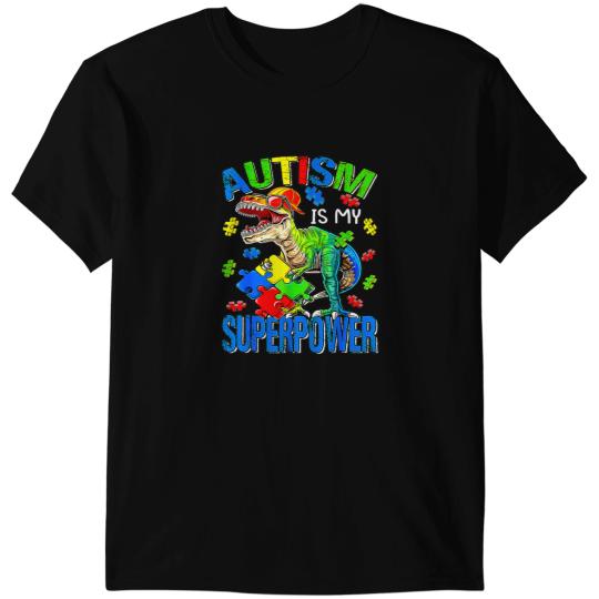 Dinosaur Dino Autistic T Rex Autism Is My Superpower Autism Awareness Kids T-Shirts