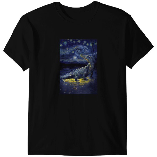 Alligator Animals Starry Night Famous Painting Style Crocodile T-Shirts