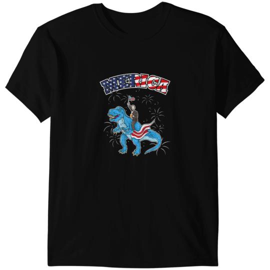 Dinosaur Dino Abraham Lincoln Riding T Rex 4th Of July American Flag Gift T-Shirts