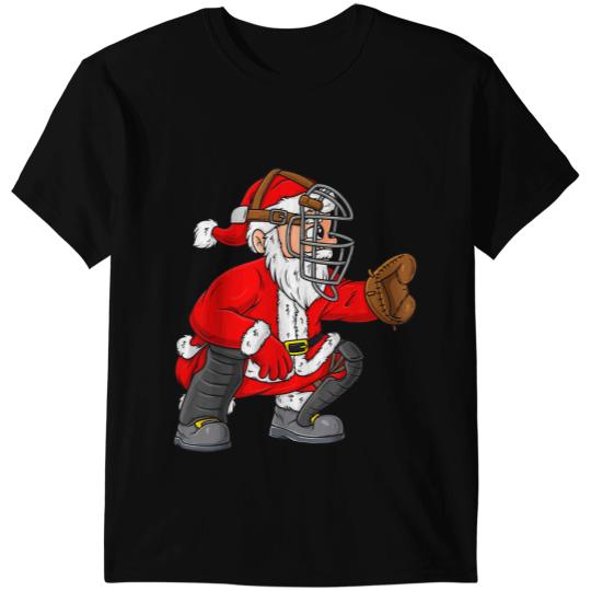 Baseball Gift Christmas Santa Claus Baseball Catcher Boys Girls Kids Xmas T-Shirts