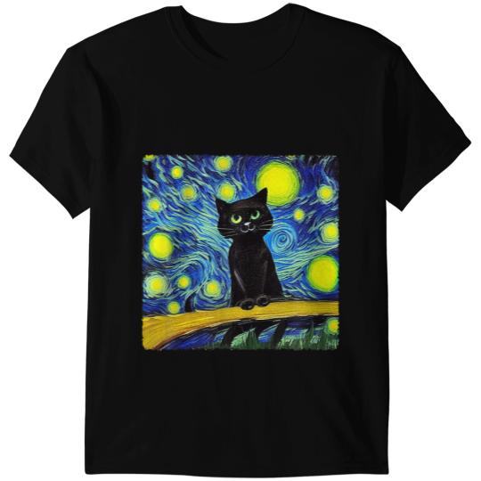 black cats Paws Cute Black Kitten Starry Night Blue Sky Feline Paw T-Shirts