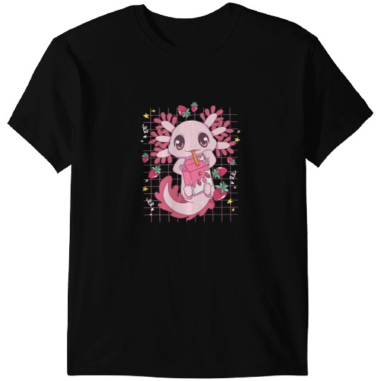 Axolotls Animals Kawaii Axolotls Drinking Strawberry Milk Carton Axolotls LoverAxo T-Shirts