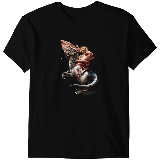 Dinosaur Dino Christian Jesus Crossing the Alps on Raptor Dinosaur Parody Christ T-Shirts