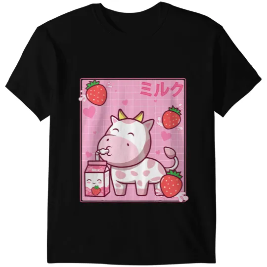 Cattle Cow Kawaii Pink Strawberry Cow Milk Shake Otaku Anime Lover T-Shirts