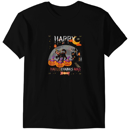 black cats Paws Happy Hallothanksmas Cat Black Halloween Boo Hanksgiving T-Shirts