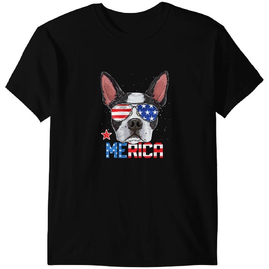 Dog Boston Terrier 4th of July Merica Men Women American Flag T-Shirts