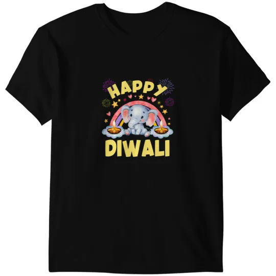 Elephants Lover Happy Diwali Cute elephant with Candle Lights for kids T-Shirts