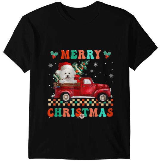 Dog Bichon Frise Riding Red Truck Christmas Decorations T-Shirts