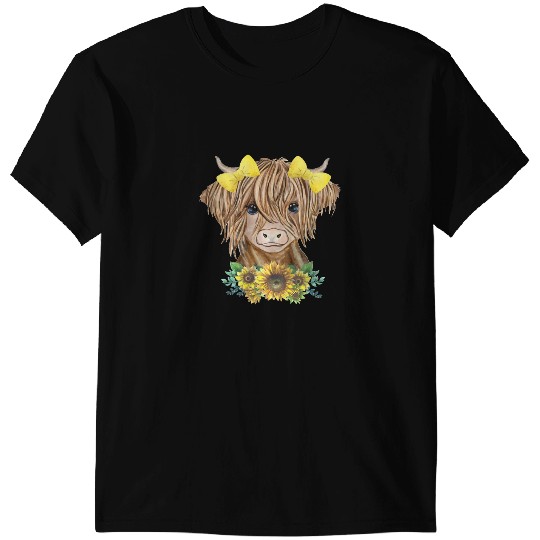 Cattle Cow Cute Baby Highland Cow With Sunflowers Farm Farmer Wife Girl T-Shirts