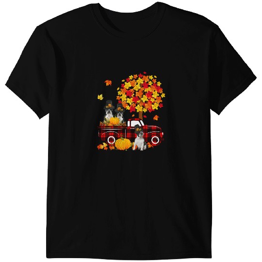 Dog Boston Terrier Three Boston Terriers On Pickup Truck Thanksgiving Fall Tree T-Shirts