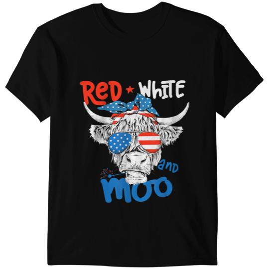 Cattle Cow Moorica Highland Cow Red White Blue 4th Of July T-Shirts