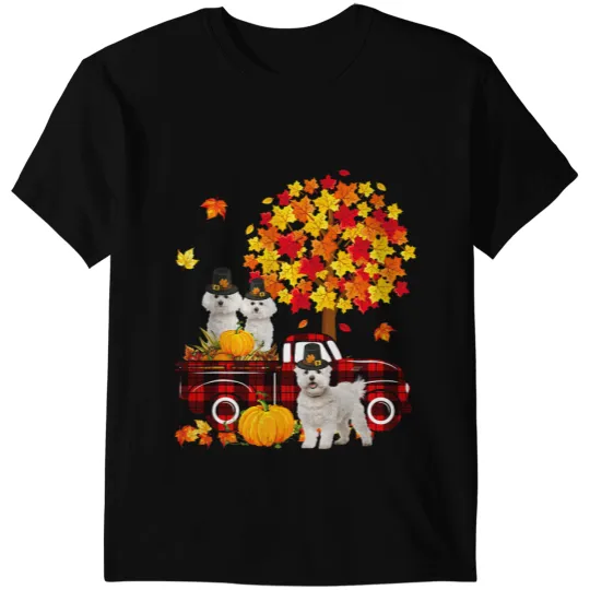 Dog Bichon Frise Three Bichon Frises On Pickup Truck Thanksgiving Fall Tree T-Shirts
