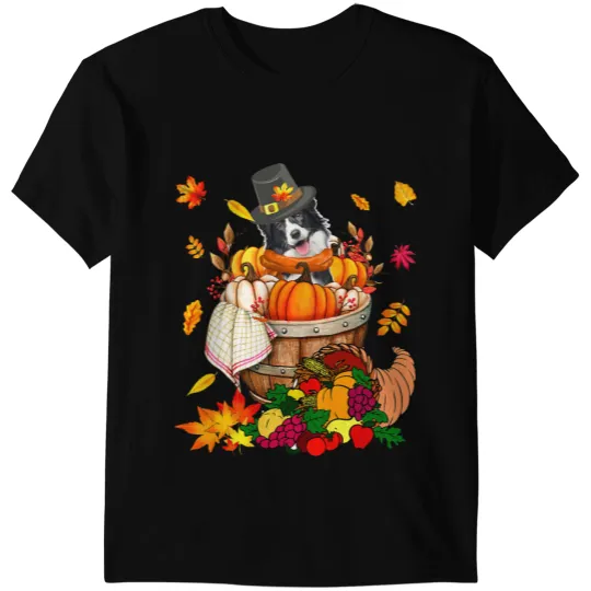 Dog Border Collie Wearing Hat Fall Pumpkins Thanksgiving Dog T-Shirts