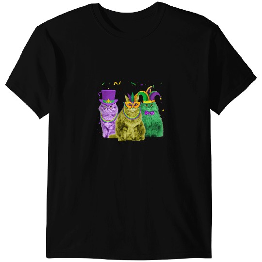 Cat Paws Three Persian Cats With Jester Hat Mask Beads Fat Tuesday T-Shirts