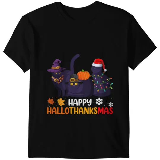 black cats Paws Thanksgiving Happy Hallothanksmas Halloween T-Shirts