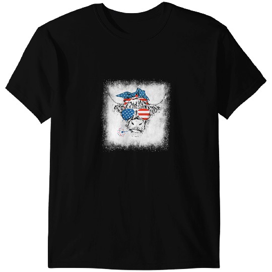 Cattle Cow Bleached Highland Cow American Flag Patriotic 4th Of July T-Shirts